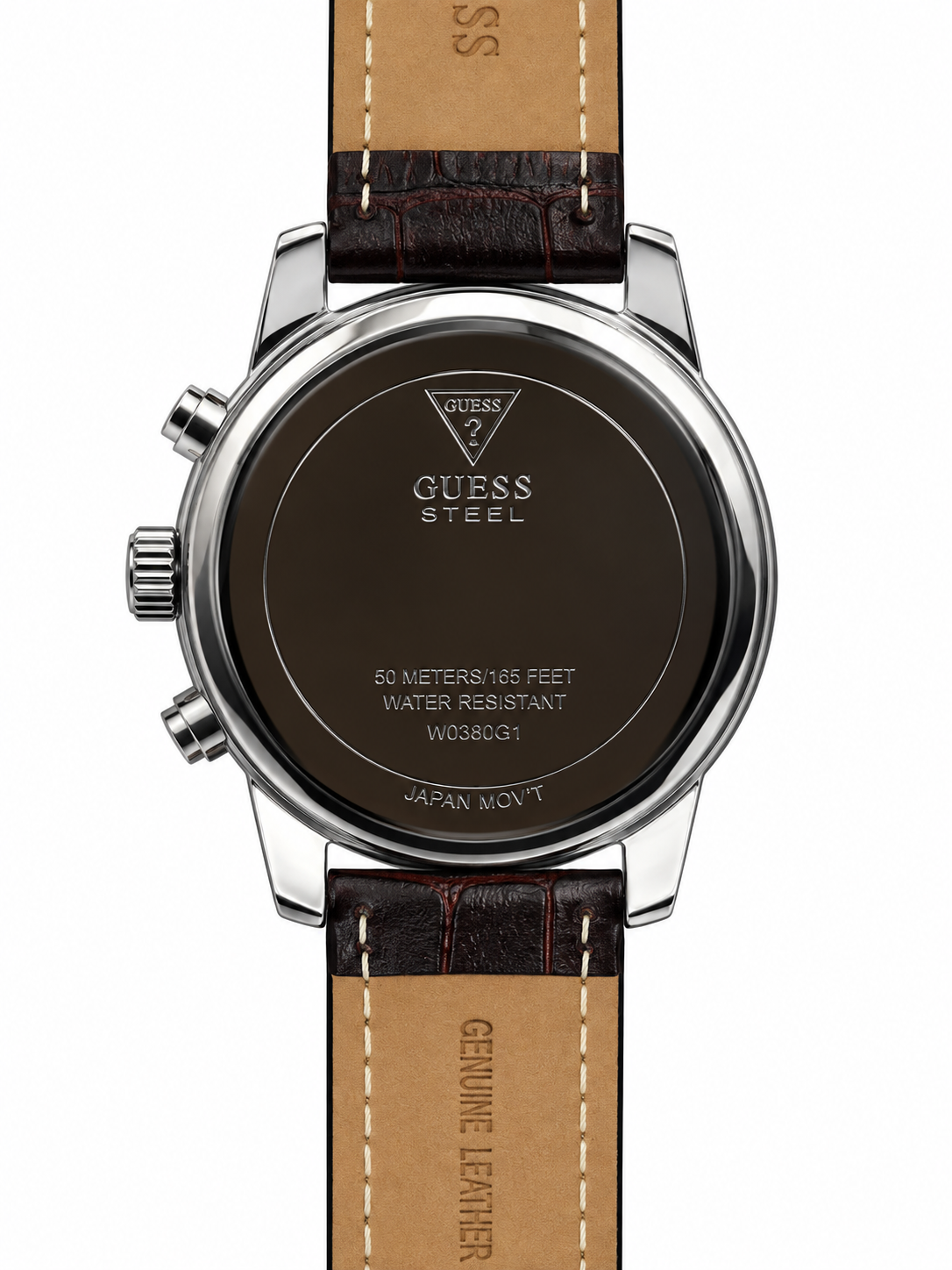 Orologio Guess con quadrante crema, contatori neri e cinturino in pelle marrone