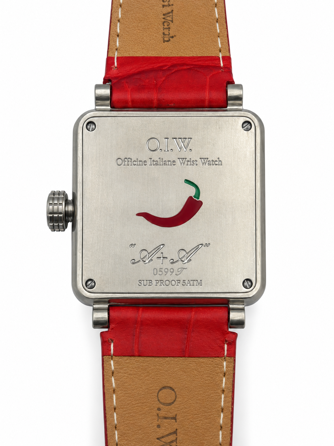 Orologio O.I.W. quadrato argentato con quadrante rosso sfumato e datario