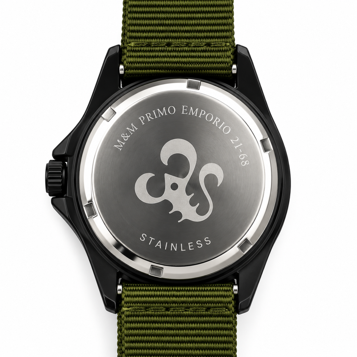 Orologio M&M Primo Emporio nero con ancora e cinturino in tessuto verde oliva