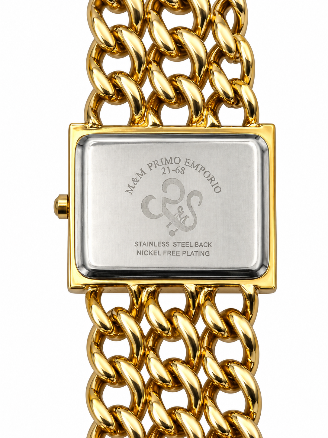 Orologio M&M Primo Emporio 21-68 dorato con cassa rettangolare orizzontale e bracciale a catena