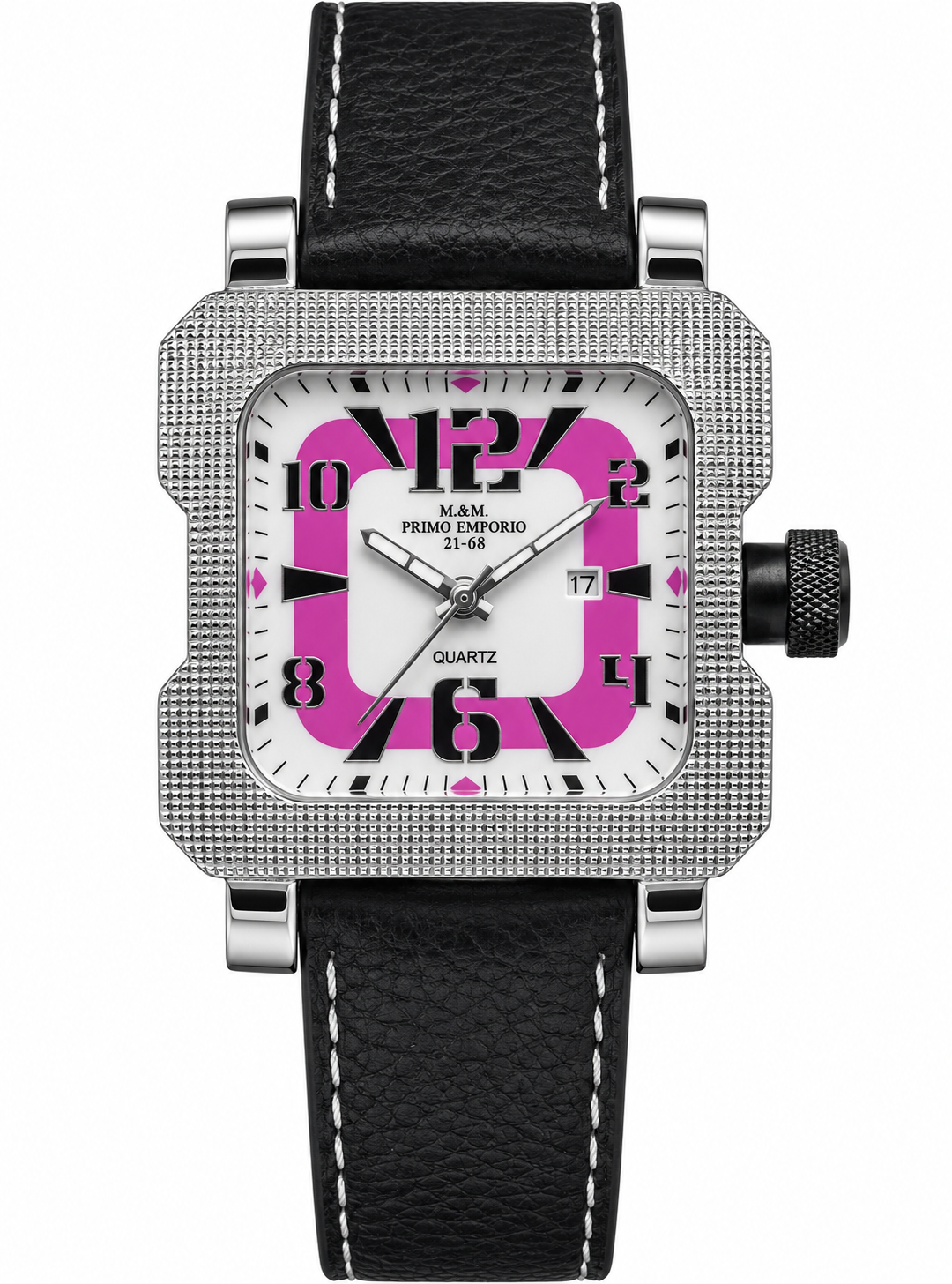 Orologio M&M Primo Emporio 21-68 quadrante bianco fuxia cassa quadrata acciaio cinturino pelle nera quarzo data