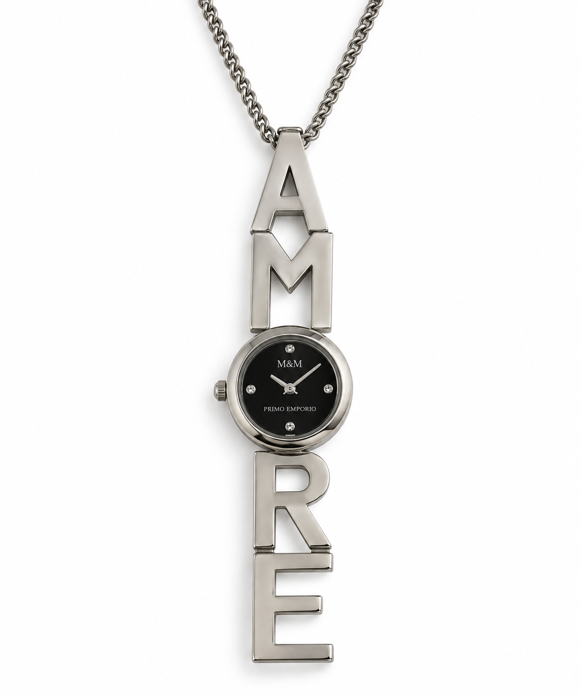 M&M Primo Emporio — Collana AMORE con Orologio Ciondolo Acciaio Silver | Quadrante Nero