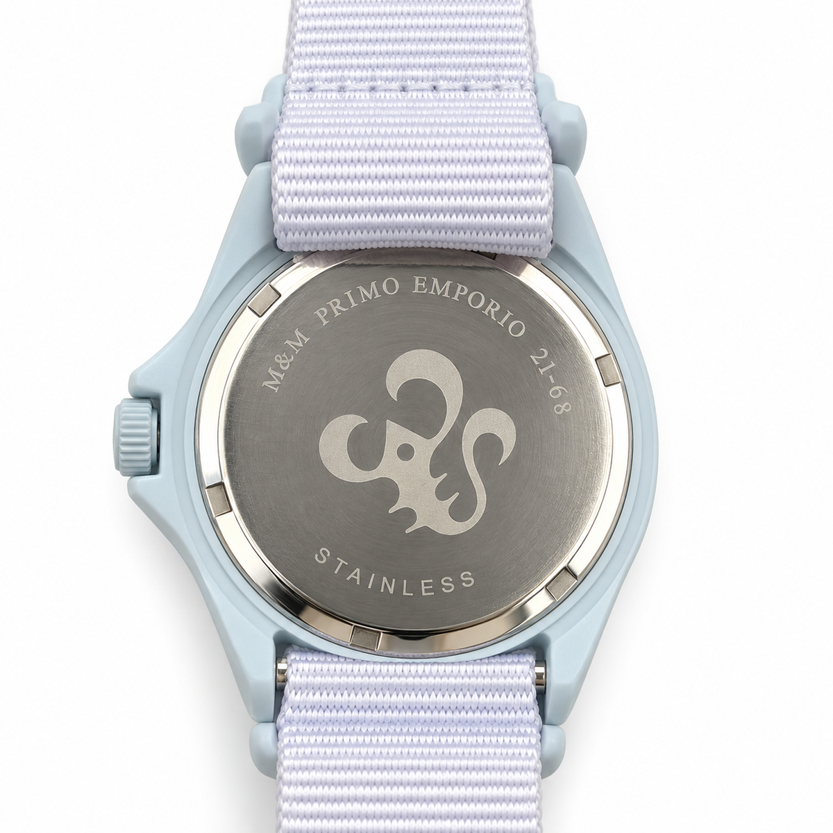 Orologio M&M Primo Emporio azzurro con ancora e cinturino in tessuto bianco