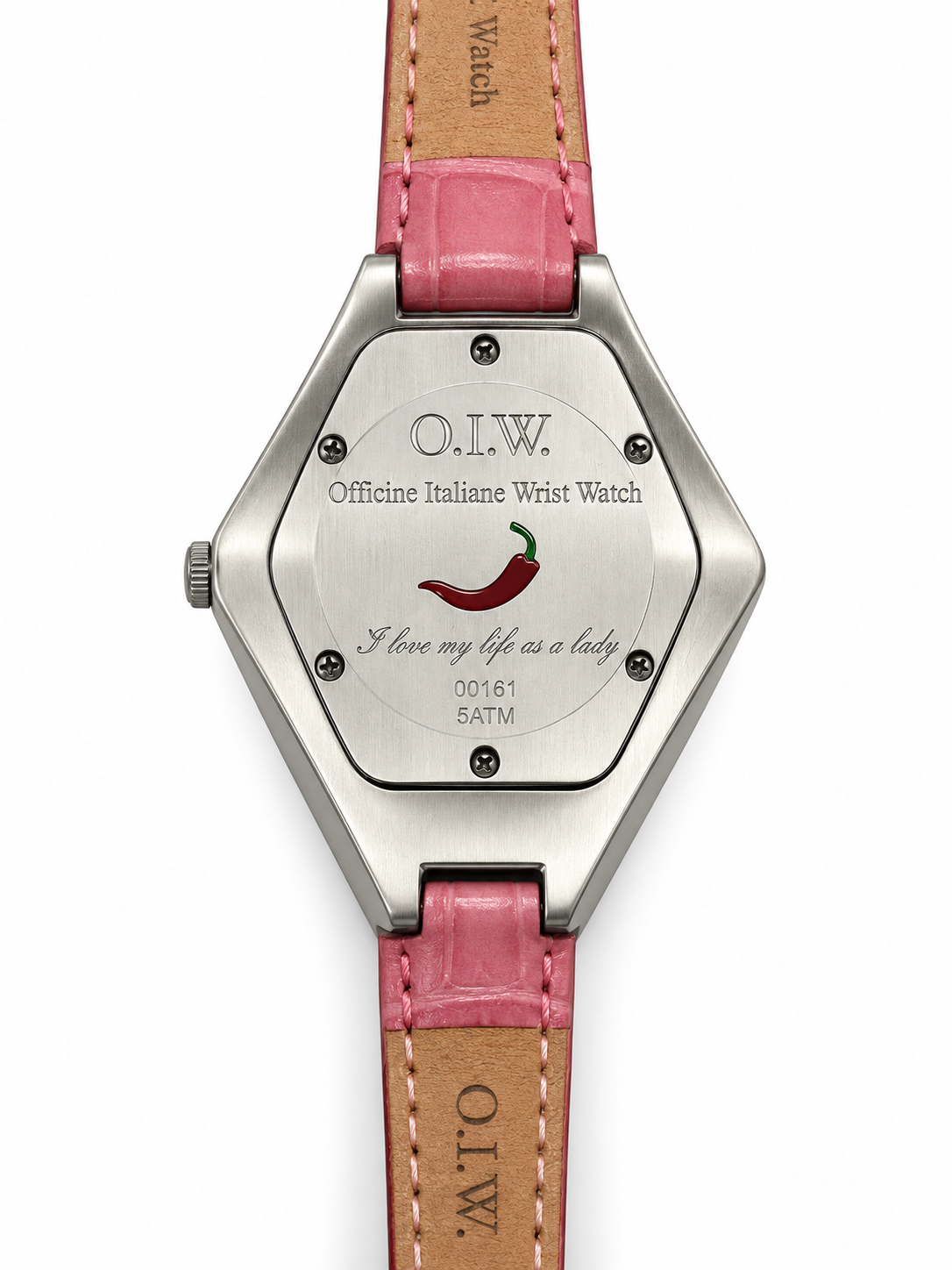 Orologio O.I.W. a rombo argentato con quadrante nero e cinturino rosa