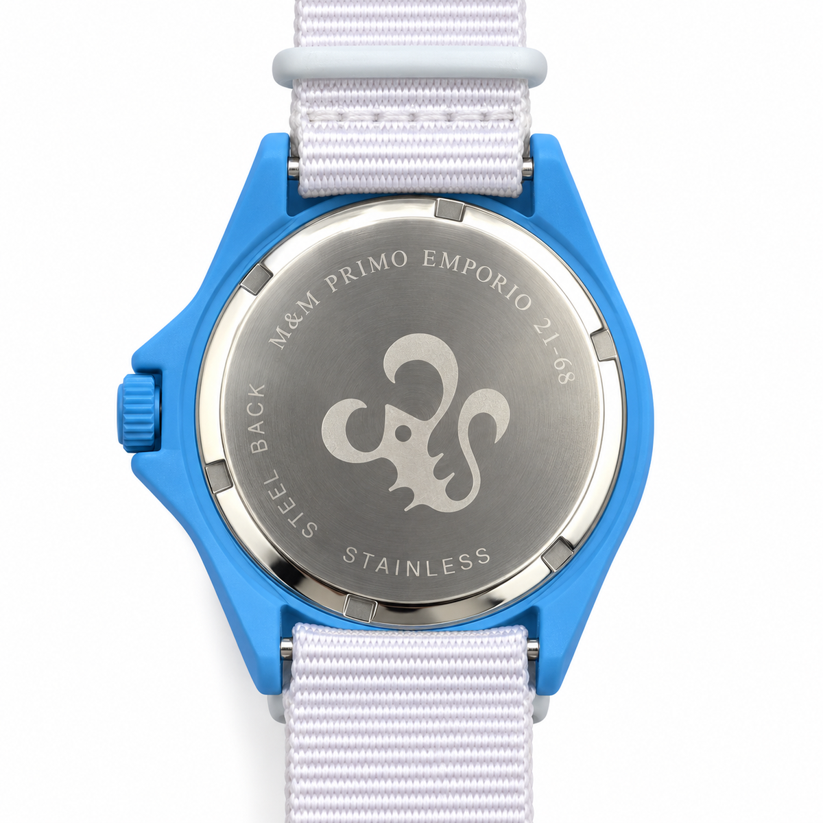 Orologio M&M Primo Emporio azzurro acceso con ancora e cinturino bianco in tessuto