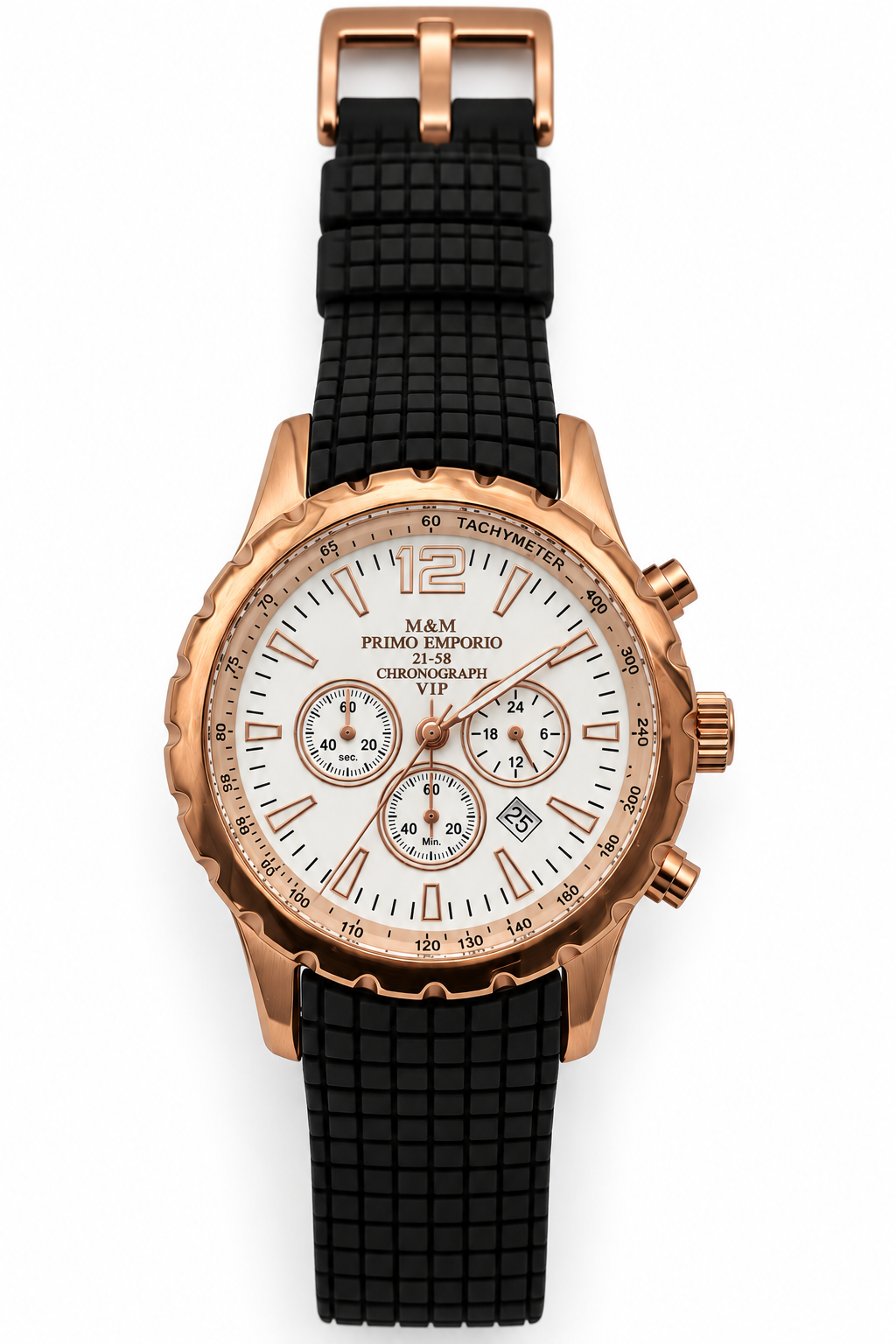 M.&M. VIP Primo Emporio 21-58 cronografo uomo cassa rose gold bezel tachimetro quadrante bianco 3 sotto-quadranti 24h data cinturino gomma nero texture quadrettata