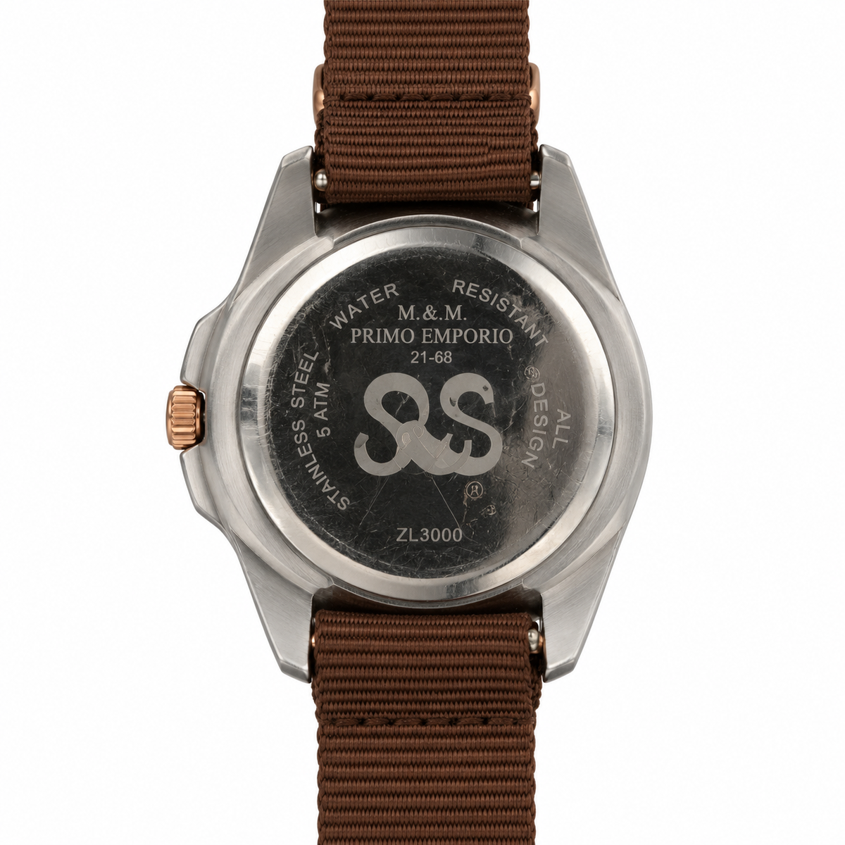 M.&M. Primo Emporio 21-68 – Orologio Uomo Quadrante Marrone Cinturino NATO Rose Gold 5 ATM