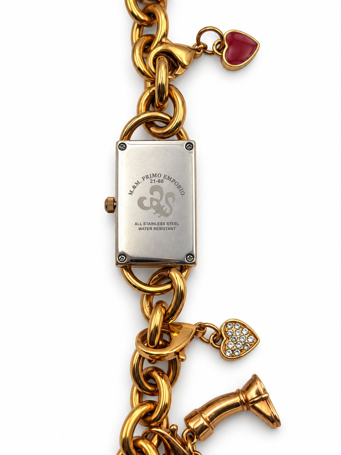 Orologio M&M Primo Emporio dorato con cassa rettangolare e charm a cuore