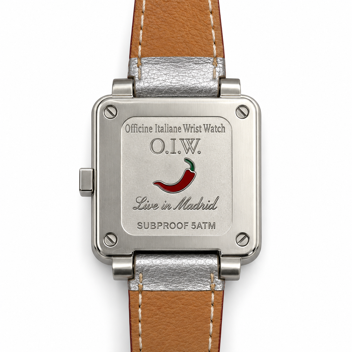 Orologio O.I.W. quadrato argentato con quadrante glitter e cinturino argento
