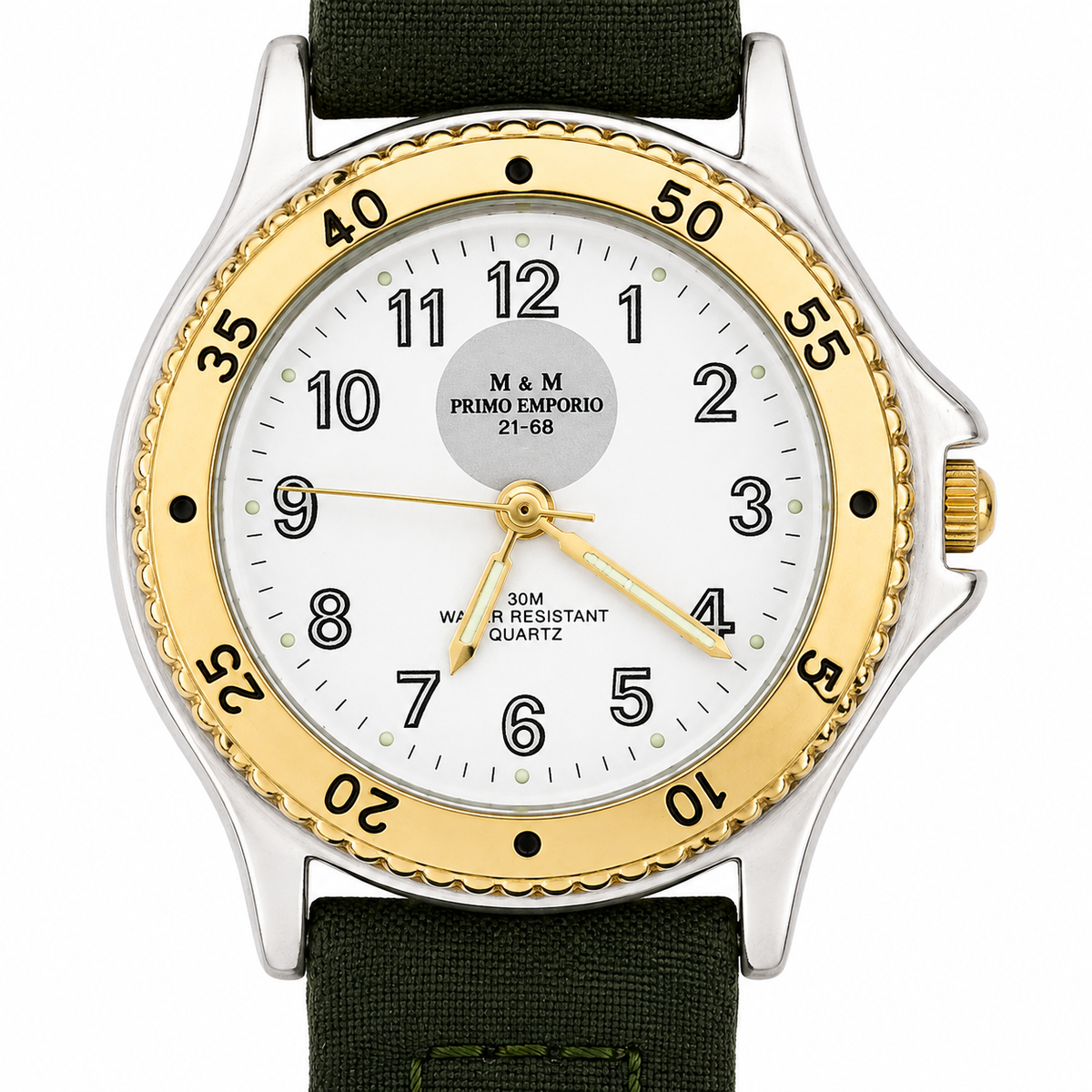 M.&M. Primo Emporio 21-68 – Orologio Uomo Sport Bicolore Bezel Dorato 30M, Cinturino Verde o Borgogna