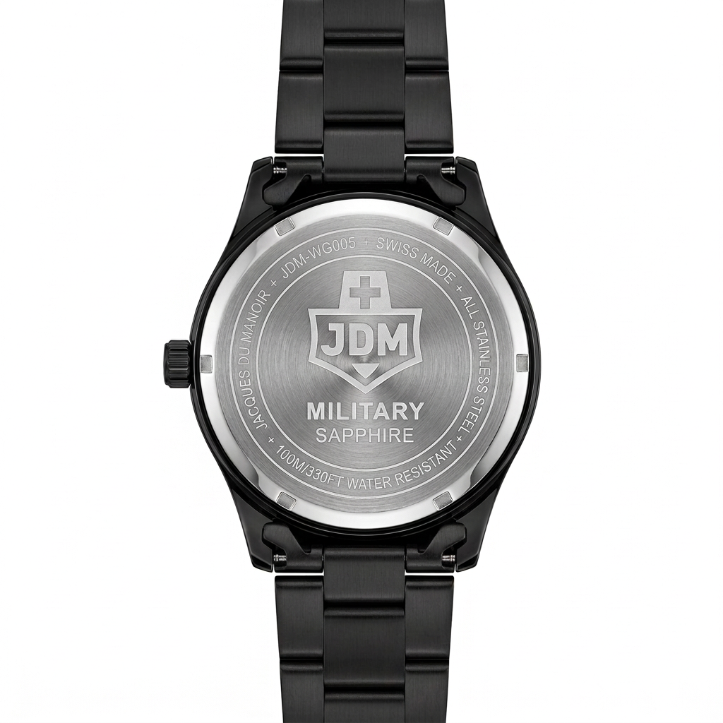 Orologio uomo JDM Military Sapphire Swiss Made nero con quadrante verde oliva e datario