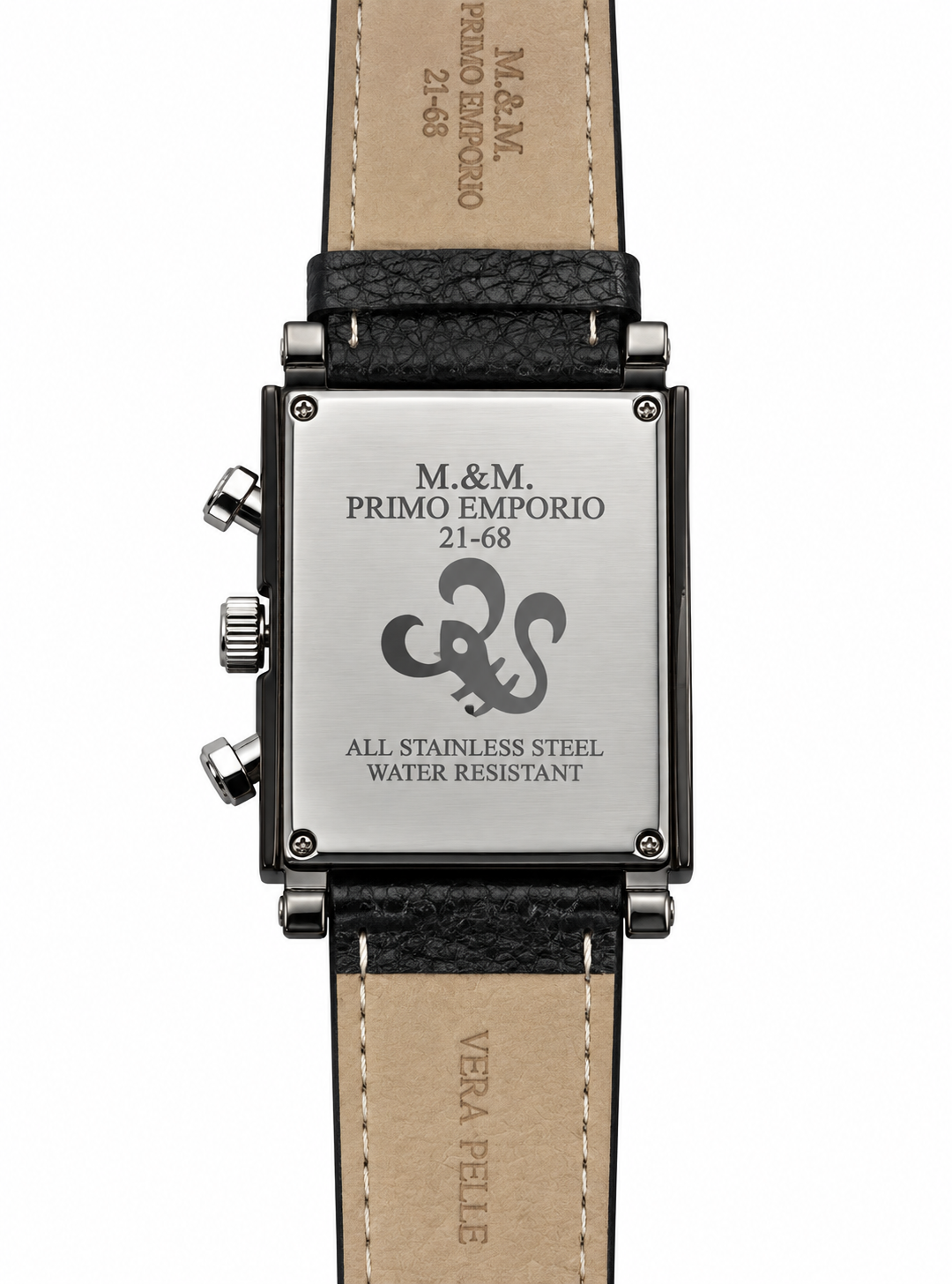 M&M Primo Emporio 21-68 – Orologio Uomo Cronografo Quadrato Bianco Doppio Telaio PVD Nero Cinturino Pelle Nera