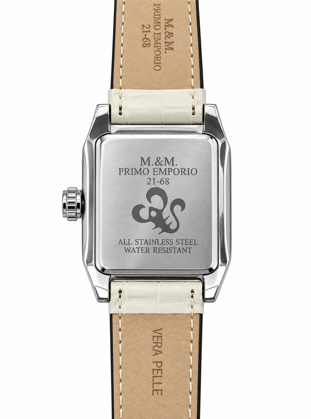 M&M Primo Emporio 21-68 Sunrise – Orologio Unisex Quadrato Bianco Tachimetro Cinturino Pelle Bianca
