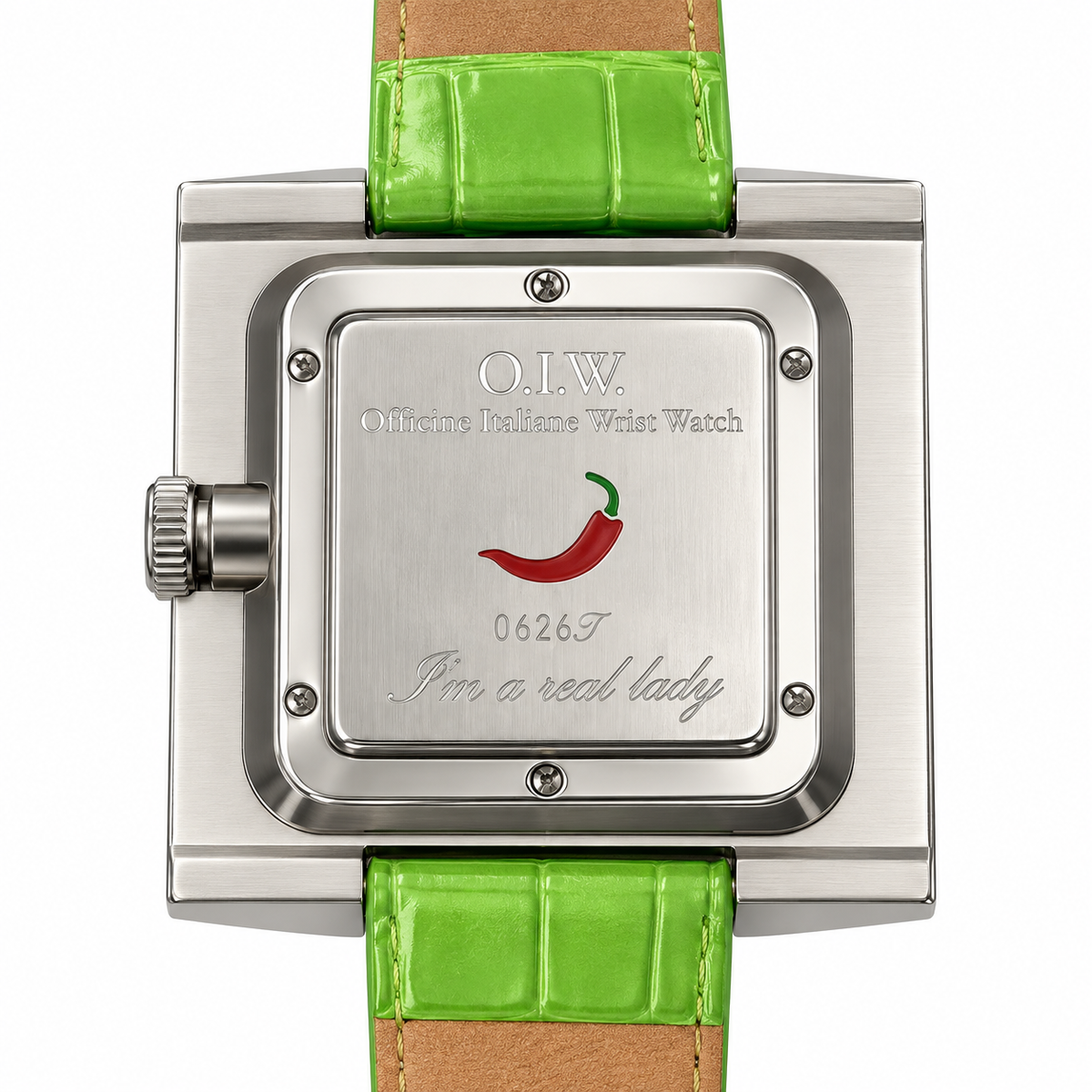 Orologio O.I.W. con cassa quadrata argentata, quadrante nero e cinturino verde lime