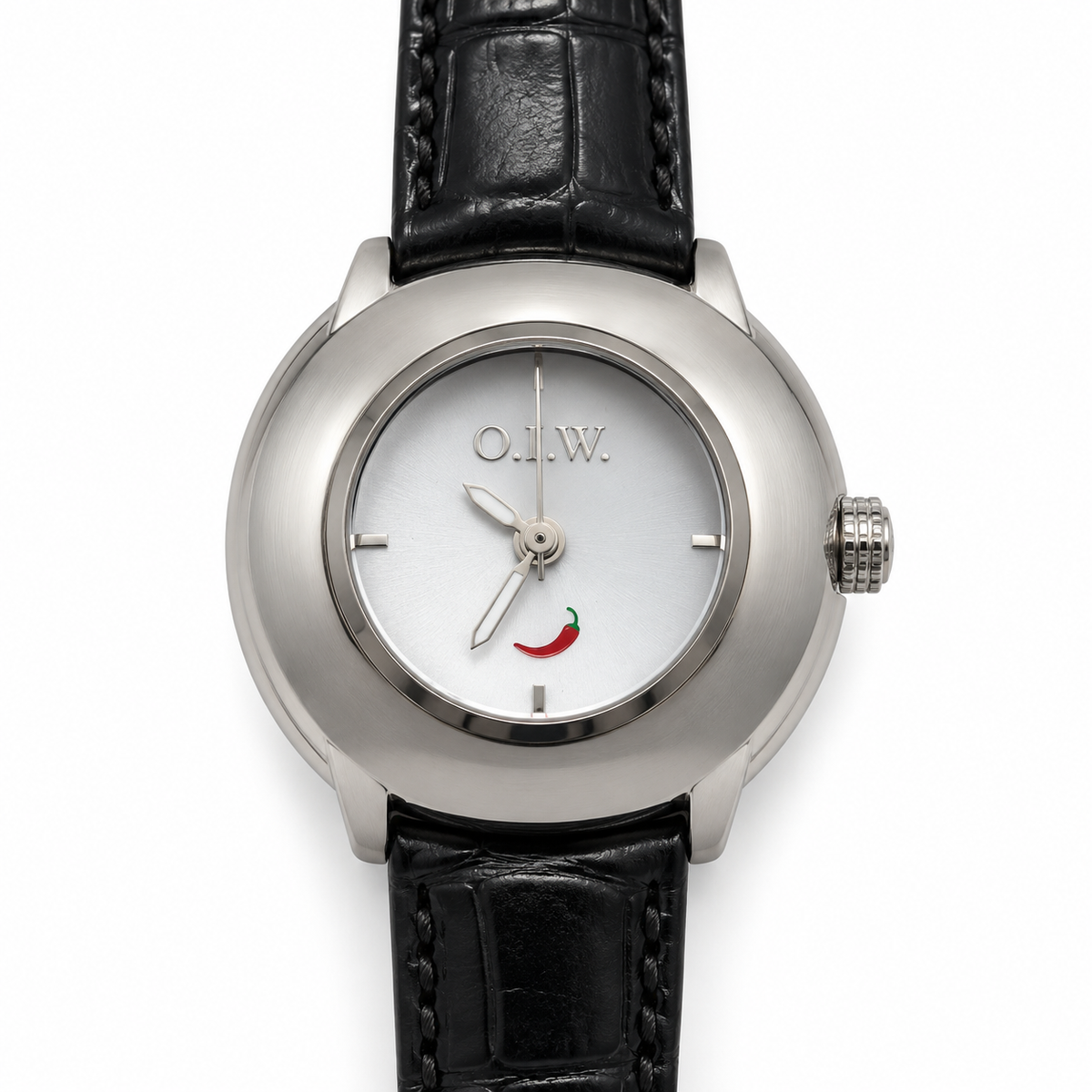 Orologio O.I.W. rotondo argentato con quadrante bianco e cinturino nero