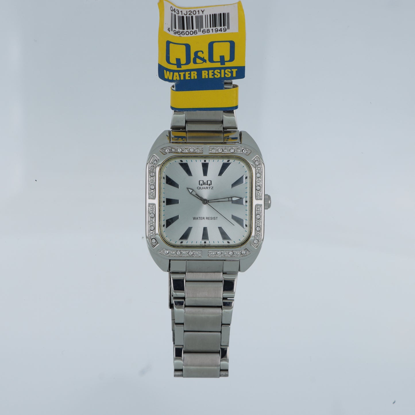 Q&Q – Orologio Donna Cassa Rettangolare Argento Bezel Pavé Cristalli Bracciale Acciaio Water Resist