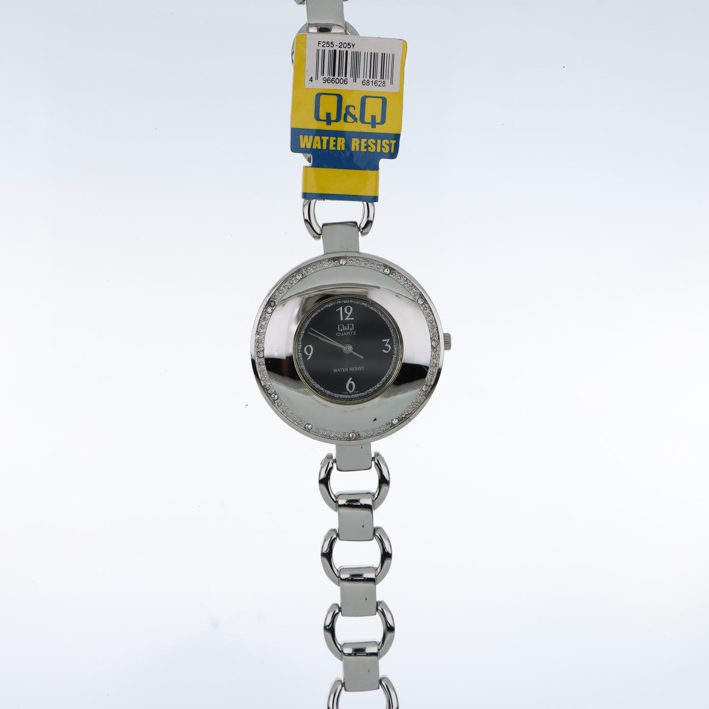 Q&Q Quartz Orologio Donna – Doppio Anello Cristalli Quadrante Nero Bracciale Acciaio Water Resist