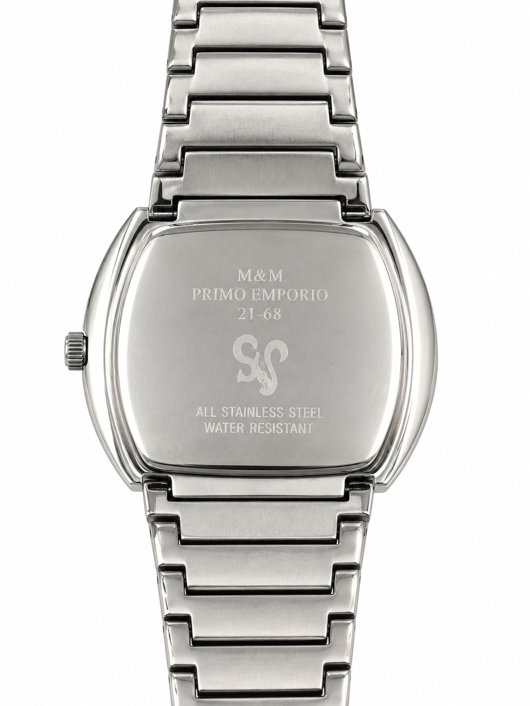 M&M Primo Emporio 21-68 – Orologio Unisex Barrel Cushion Numeri Oversize Bracciale Acciaio Quarzo