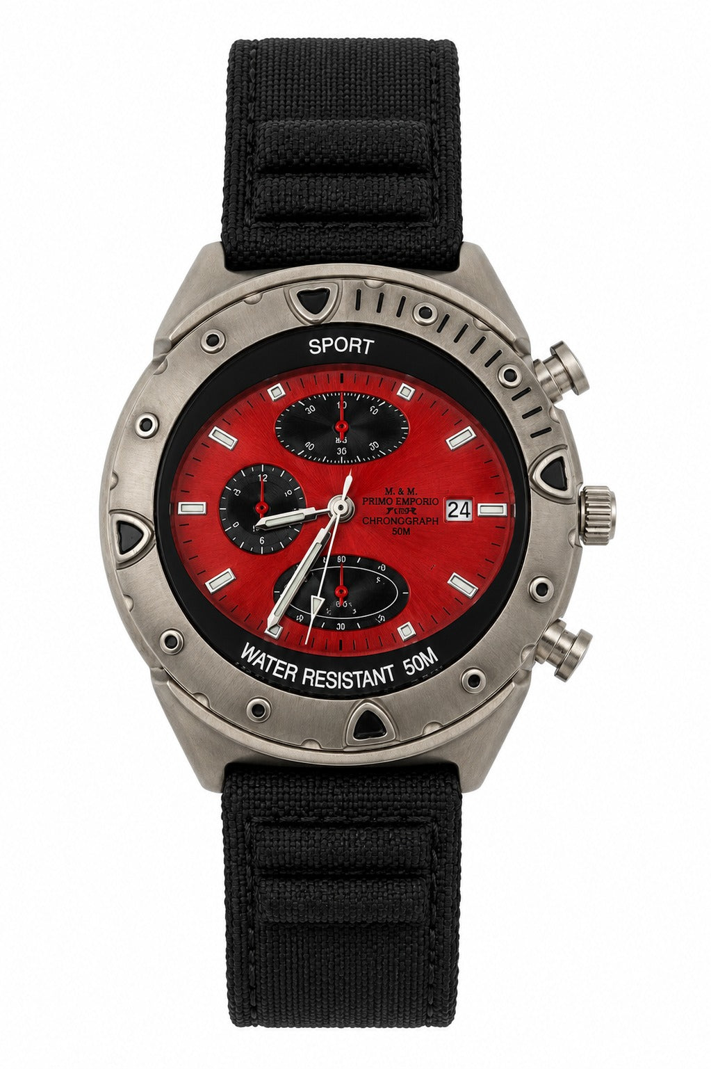 Orologio cronografo M&M Primo Emporio Sport con quadrante rosso, lunetta in acciaio e cinturino NATO nero