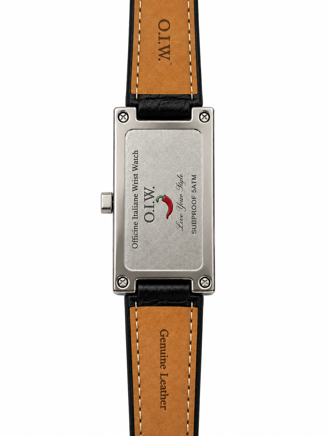 O.I.W. Officine Italiane Watch Donna Rettangolare Slim Acciaio Quadrante Nero Strass Pelle Nera
