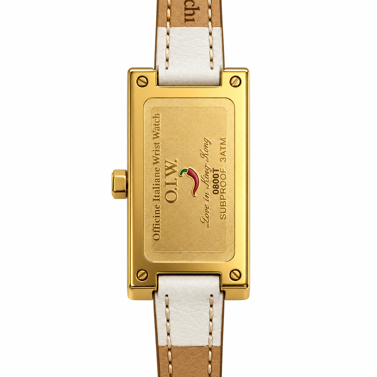 Orologio O.I.W. rettangolare dorato con quadrante sottile e cinturino bianco