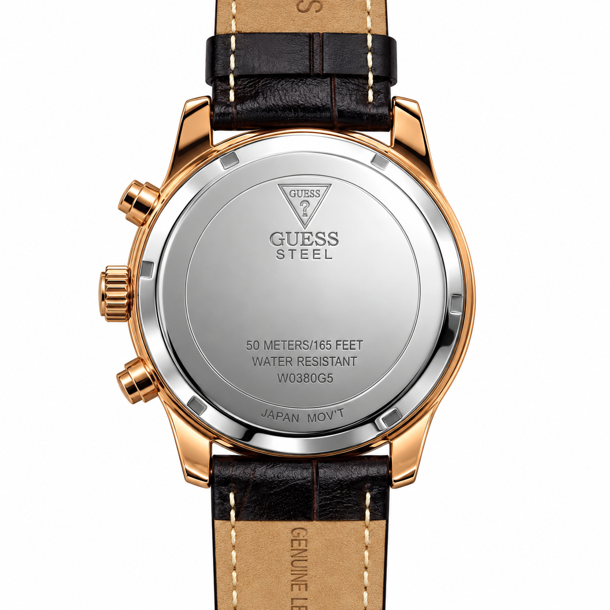 Orologio Guess con quadrante chiaro, cassa dorata e cinturino in pelle marrone