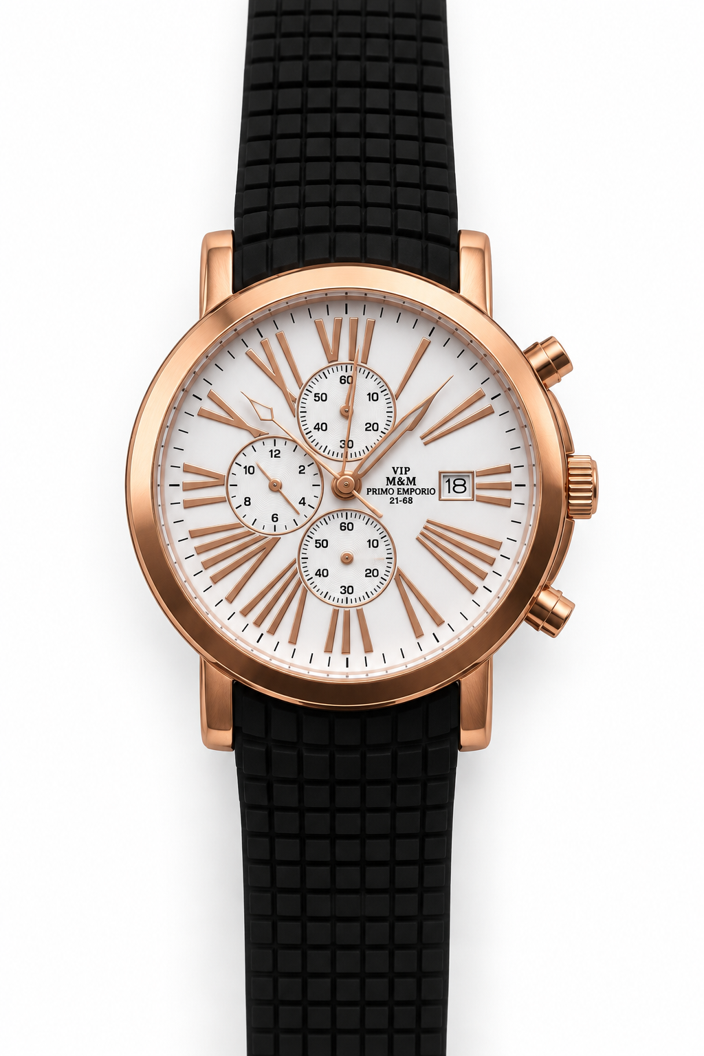 M.&M. VIP Primo Emporio 21-68 cronografo rose gold quadrante bianco numeri romani rose gold 3D applicati 2 sotto-quadranti data cinturino gomma nera quadrettata