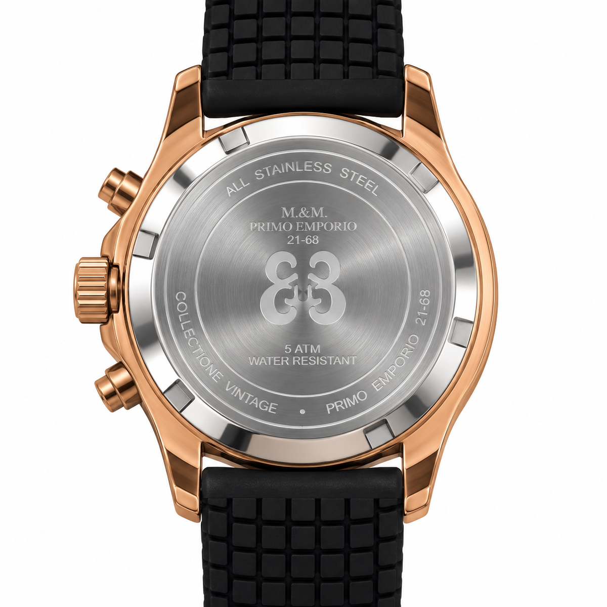 Orologio Cronografo M&M Primo Emporio 21-68 al Quarzo, Cassa Oro Rosa e Cinturino in Gomma Nera