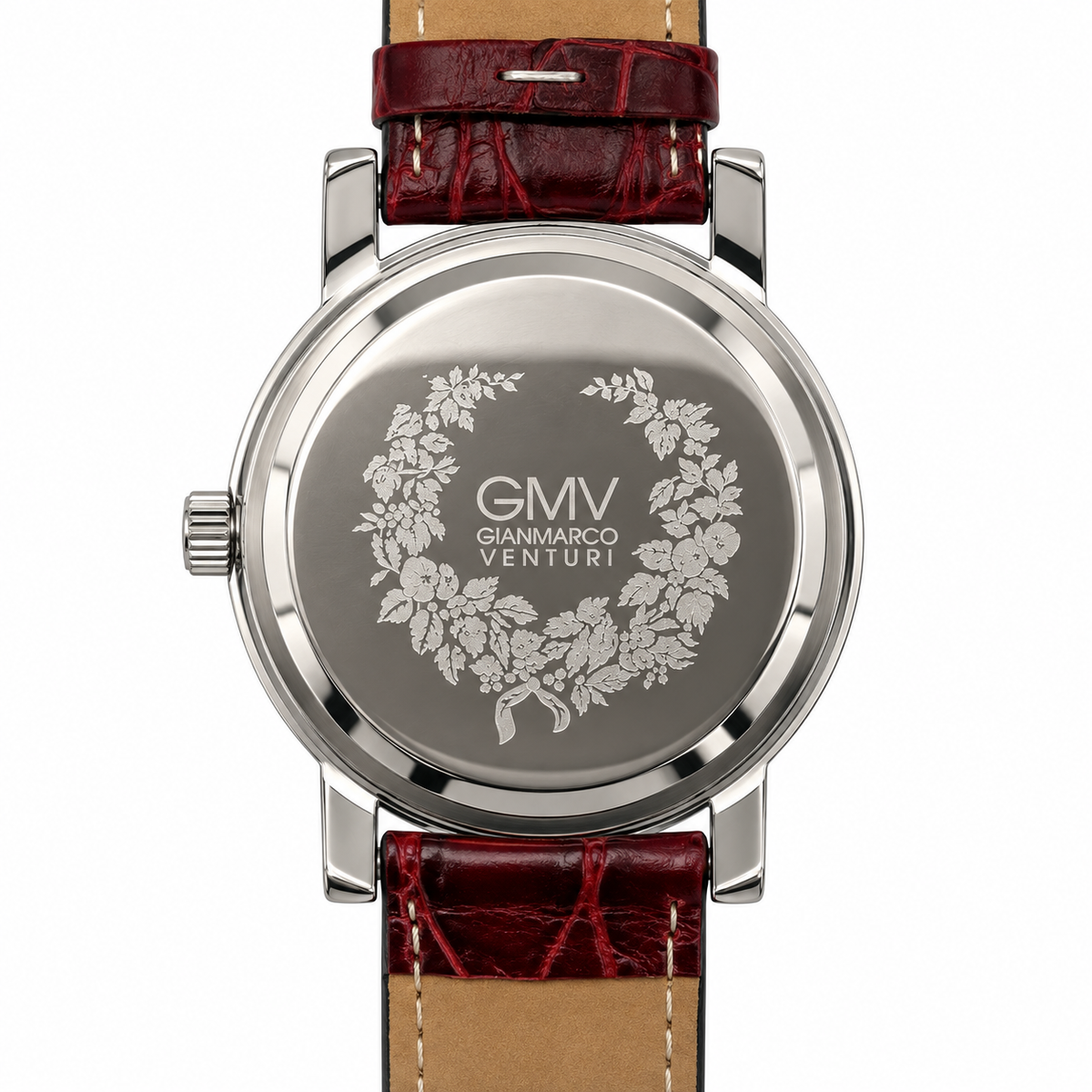 Orologio Gianmarco Venturi con quadrante rosa floreale e cinturino bordeaux