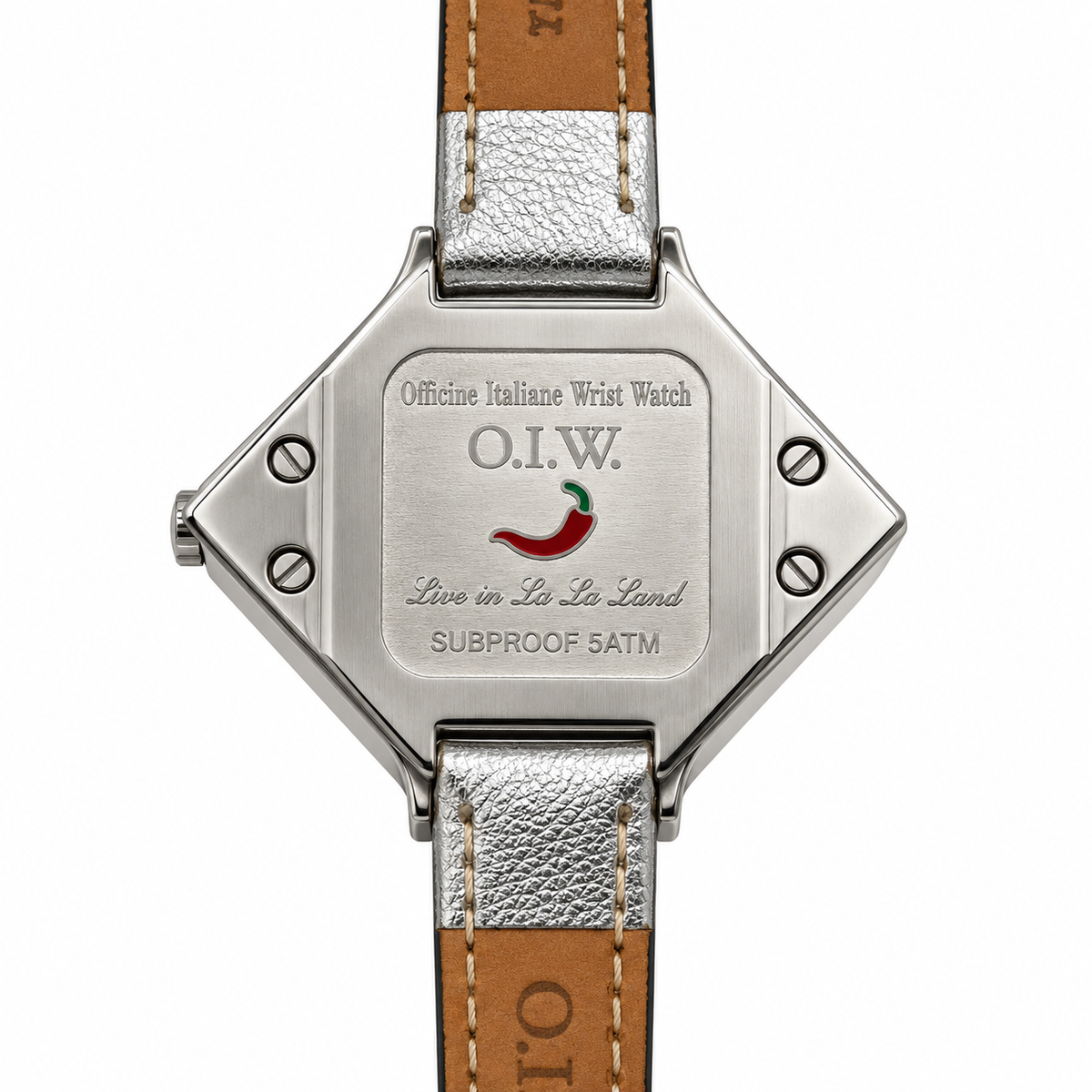 Orologio O.I.W. a rombo argentato con pietre luminose e quadrante glitter
