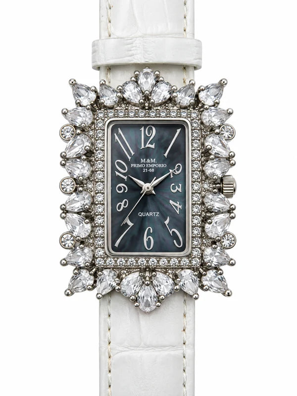 M&M Primo Emporio 21-68 Crown Crystal – Orologio donna con corona di cristalli e cinturino bianco