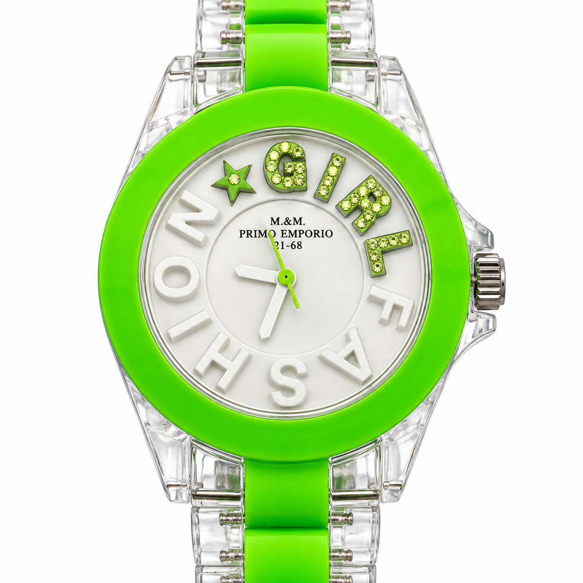 M&M Primo Emporio Fashion Girl con lunetta e bracciale verdi, quadrante bianco e dettagli trasparenti