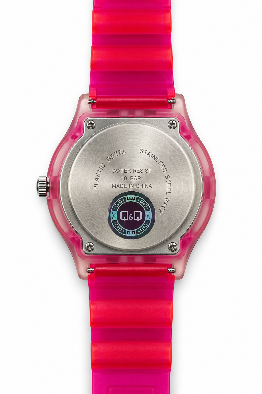 Orologio Q&Q fucsia traslucido con quadrante rosa e lunetta numerata