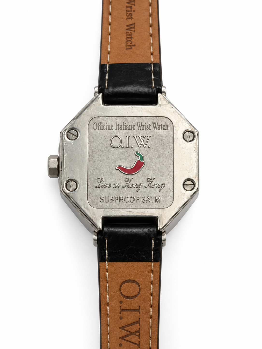 Orologio O.I.W. ottagonale argentato con pietre chiare e cinturino nero
