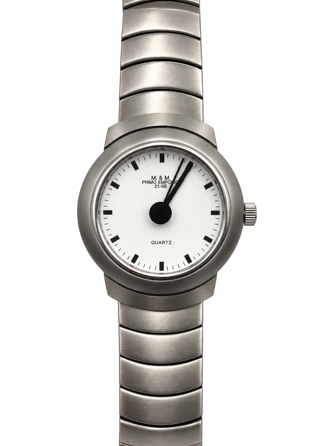 M.&M. Primo Emporio 21-68 orologio minimalista Bauhaus cassa rotonda acciaio satinato quadrante bianco lancetta goccia bracciale elastico maglie piatte