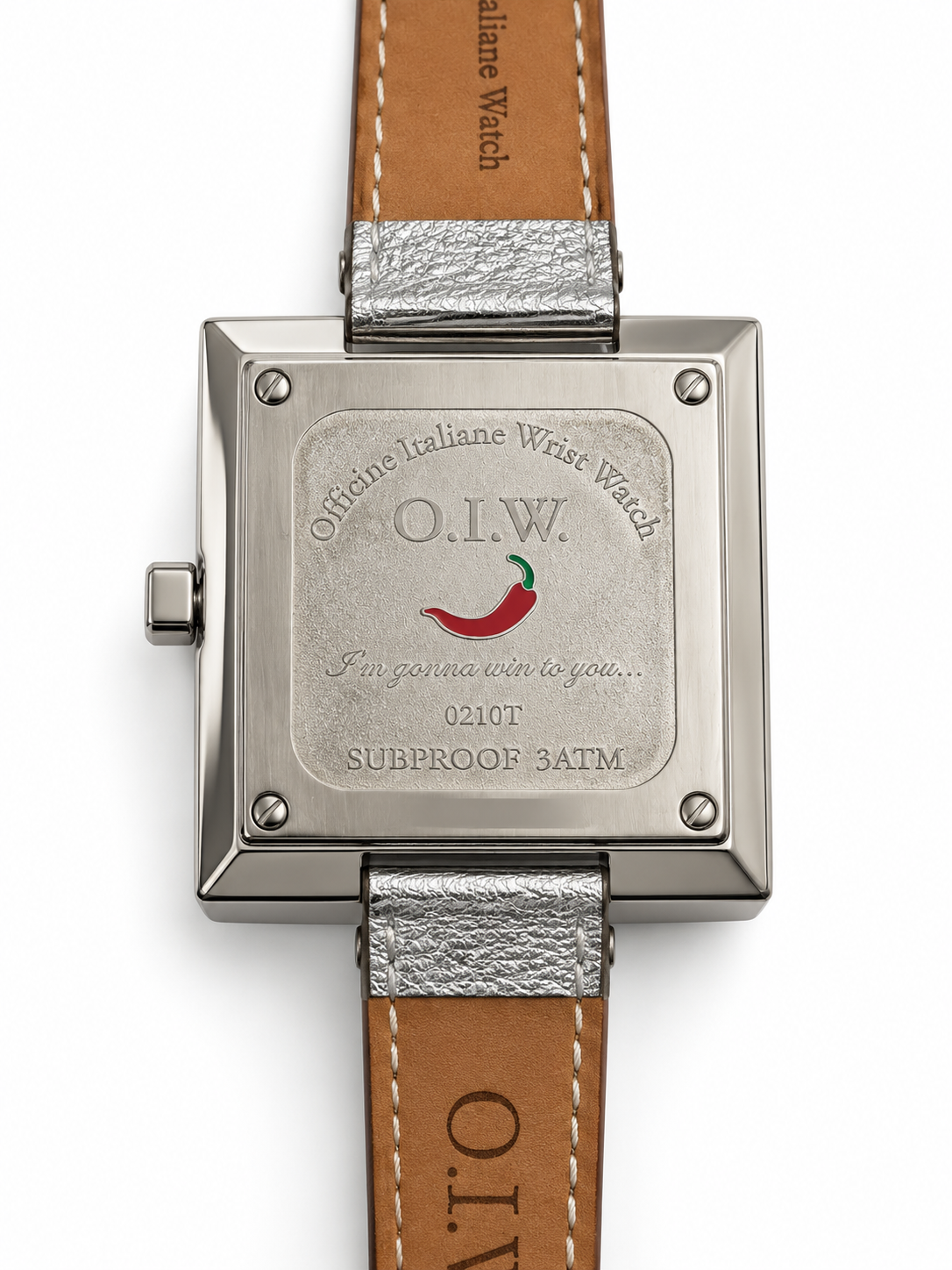 Orologio O.I.W. quadrato argentato con cornice sfaccettata e cinturino argento