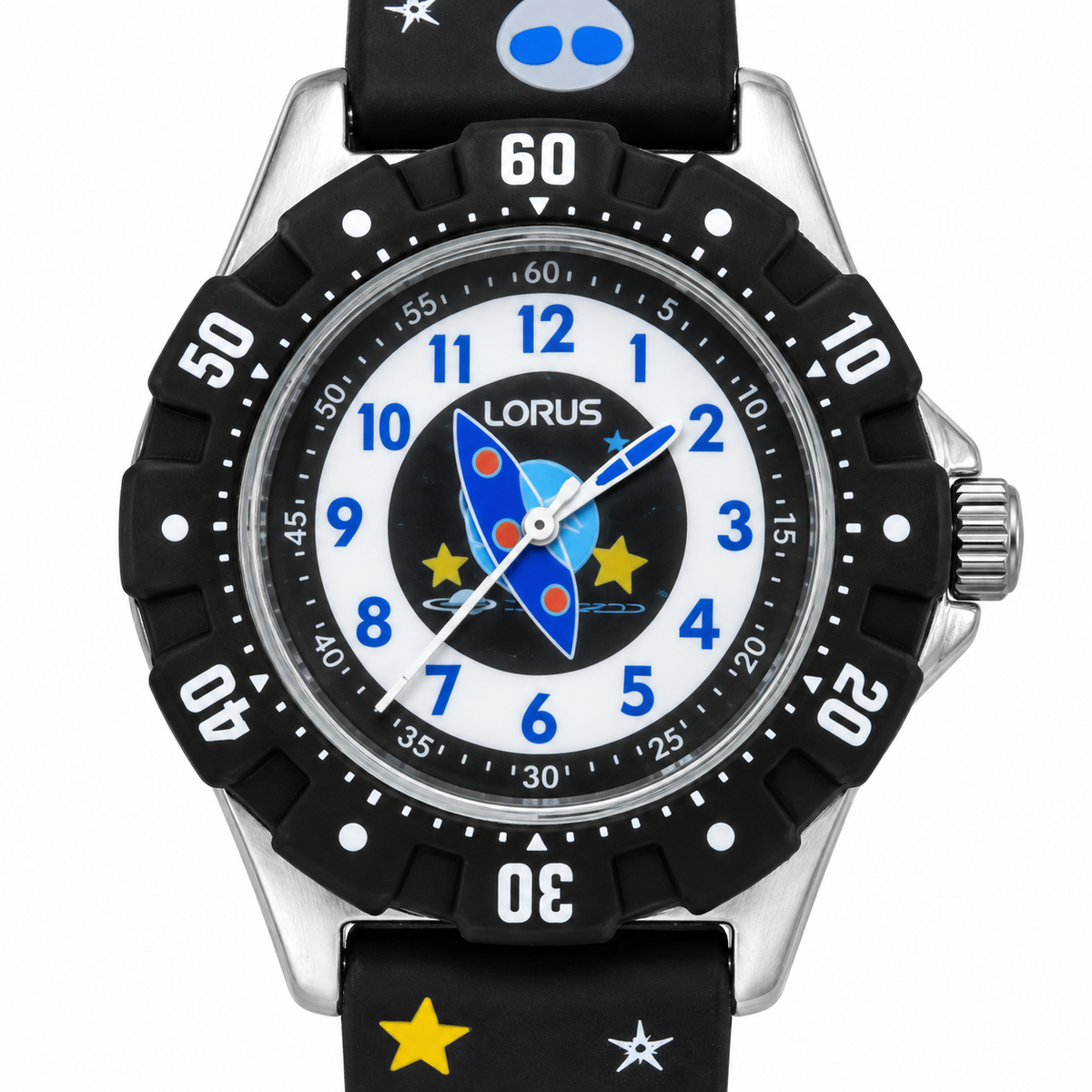 Orologio Lorus a tema spaziale con razzo blu sul quadrante, numeri blu e cinturino nero