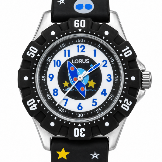 Orologio Lorus a tema spaziale con razzo blu sul quadrante, numeri blu e cinturino nero