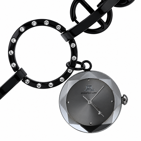 Jennifer Lopez Bracciale Nero Orologio Ciondolo Sfaccettato Cristalli Dark Glamour