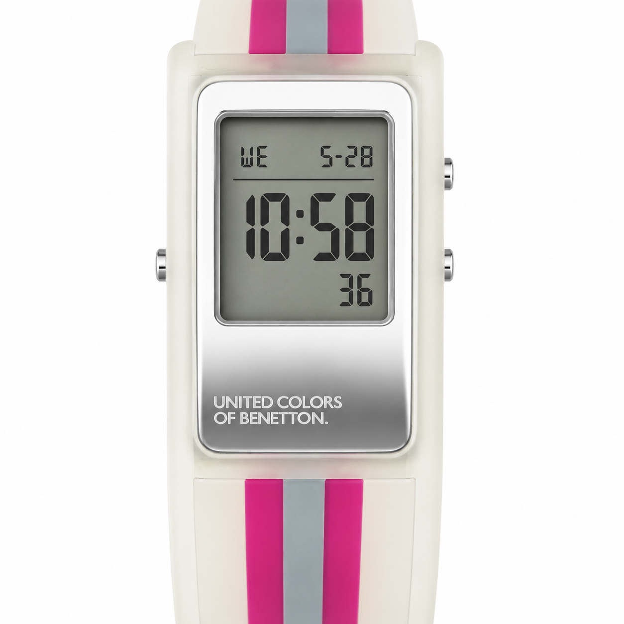 United Colors of Benetton Orologio Digitale – Cassa a Specchio Cinturino Righe Bianco Rosa e Grigio