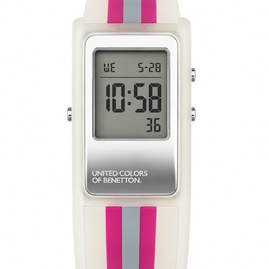 United Colors of Benetton Orologio Digitale – Cassa a Specchio Cinturino Righe Bianco Rosa e Grigio