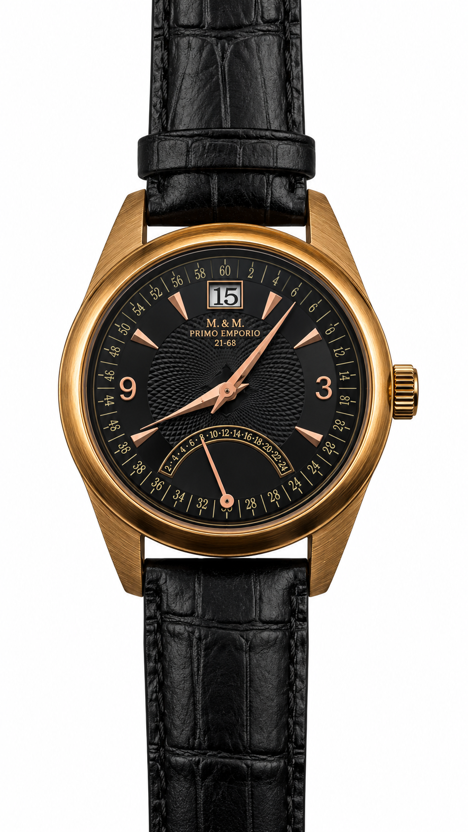 M&M Primo Emporio - Orologio Uomo Grande Data Riserva di Carica Cassa Oro Quadrante Nero Cinturino Coccodrillo Nero