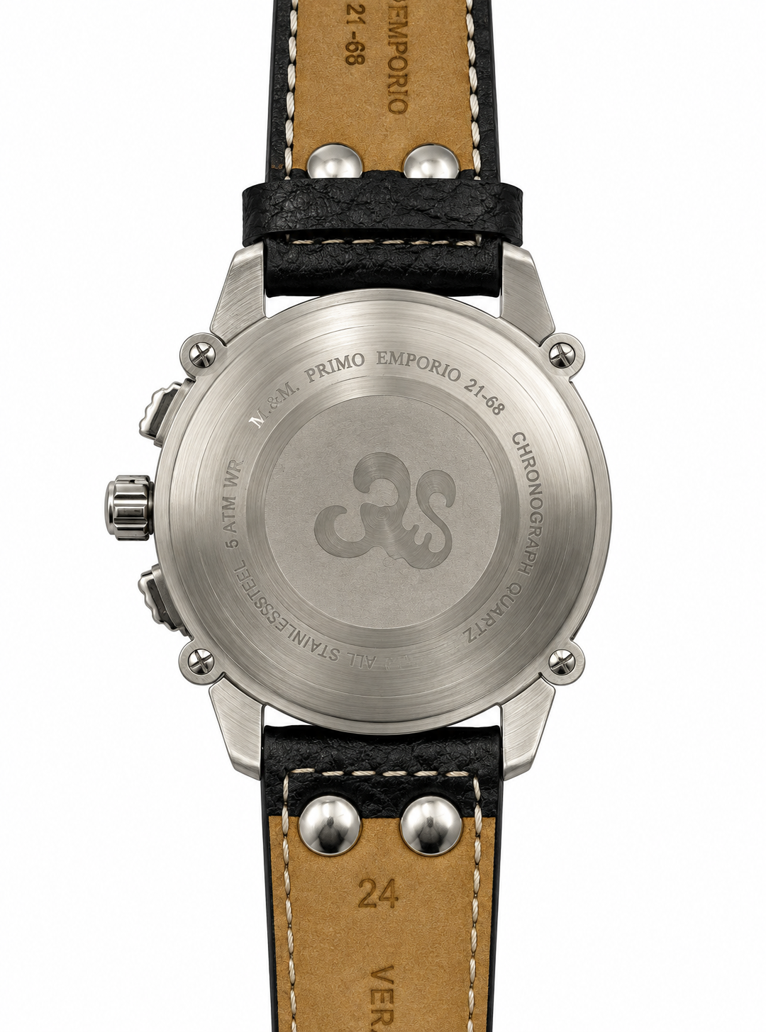 M&M Primo Emporio 21-68 – Orologio Uomo Cronografo Nero Stile Aviatore Cinturino Pelle Rivetti