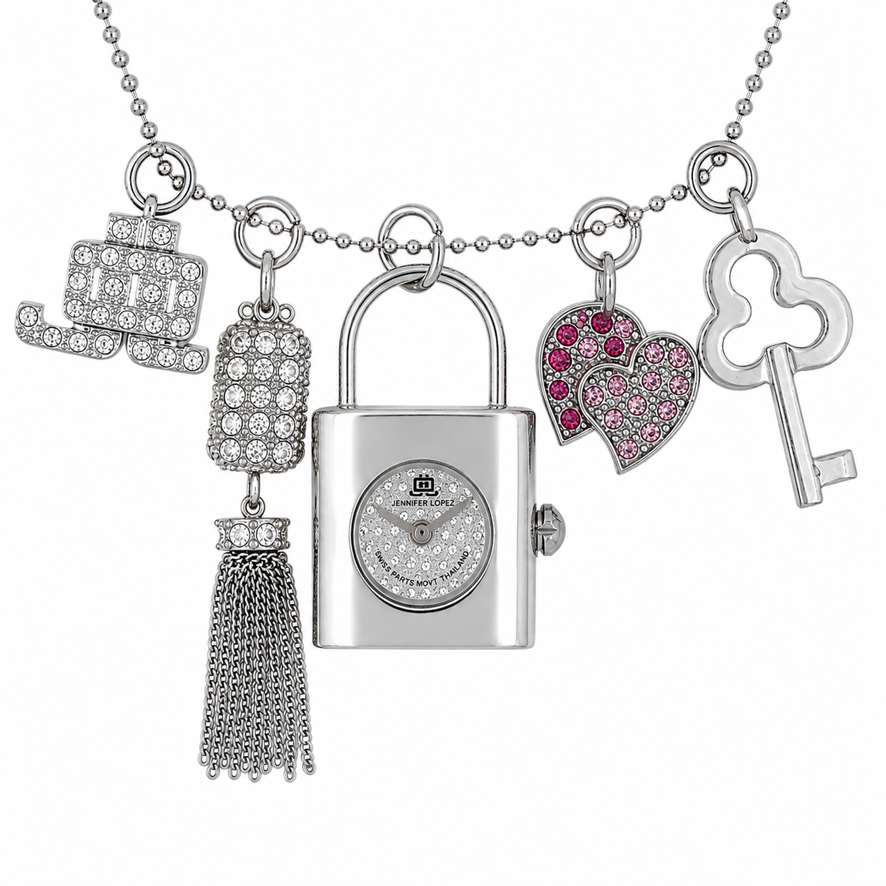 Jennifer Lopez Collana Orologio Lucchetto Argento Charm Cristalli Swiss Parts