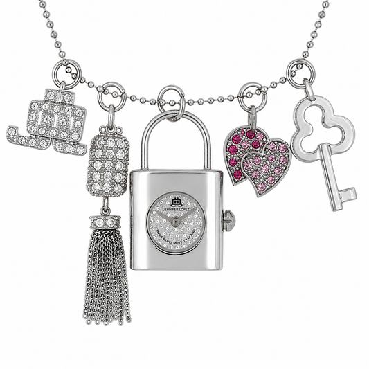 Jennifer Lopez Collana Orologio Lucchetto Argento Charm Cristalli Swiss Parts