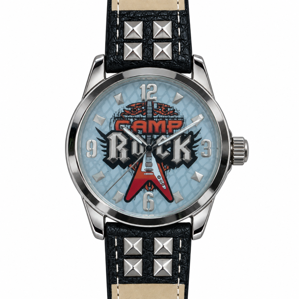 Orologio Mini Miniature Camp Rock unisex con quadrante a chitarra e cinturino nero con borchie