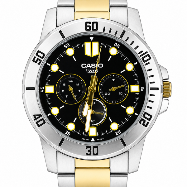 Casio MTP-VD300SG - Orologio Uomo Multifunzione Quadrante Nero Bracciale Bicolore Argento Gold
