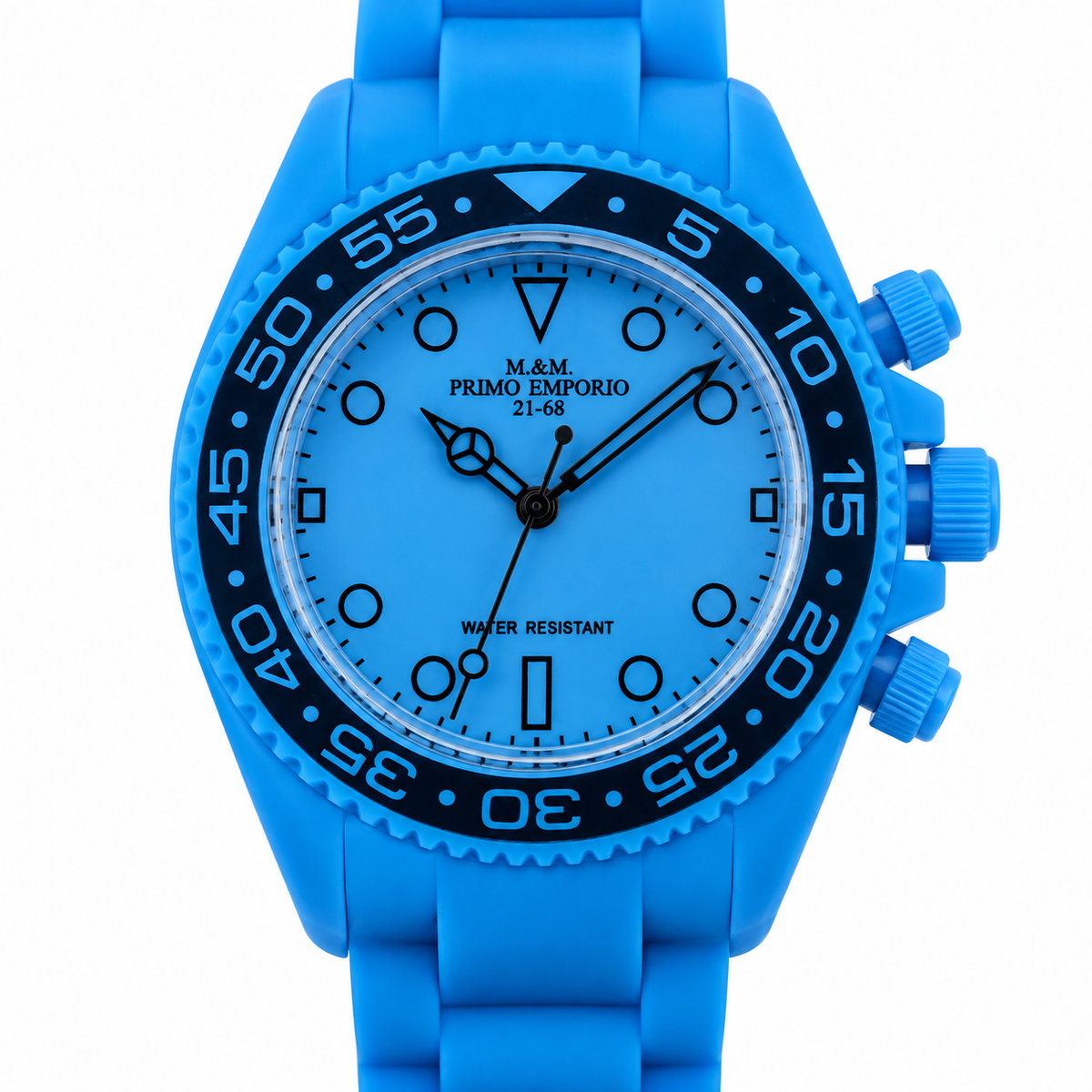 Orologio M&M Primo Emporio 21-68 azzurro con ghiera nera, vista frontale