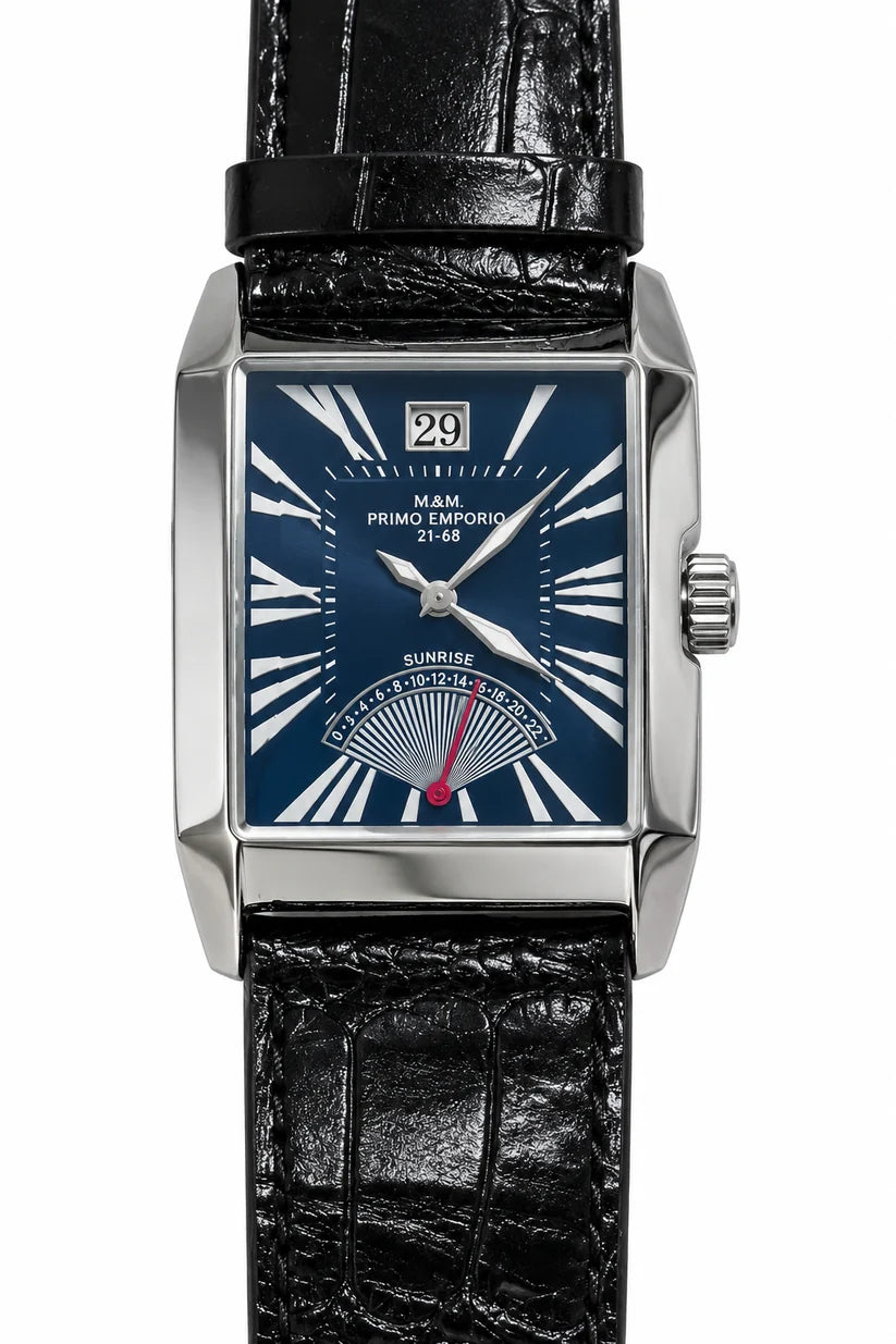 Orologio M&M Primo Emporio 21-68 con quadrante blu, cassa rettangolare argentata e cinturino nero effetto coccodrillo