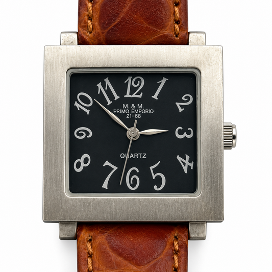 Orologio M&M Primo Emporio quadrato con cinturino marrone e quadrante nero o avorio